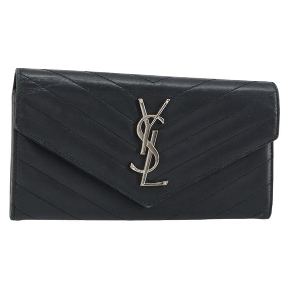 SAINT LAURENT Cassandra Long Wallet Leather Black Silver Auth 158181