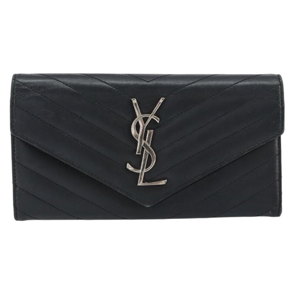 SAINT LAURENT Cassandra Long Wallet Leather Black Silver Auth 158181