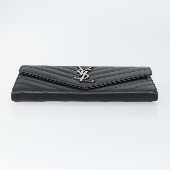 SAINT LAURENT Cassandra Long Wallet Leather Black Silver Auth 158181