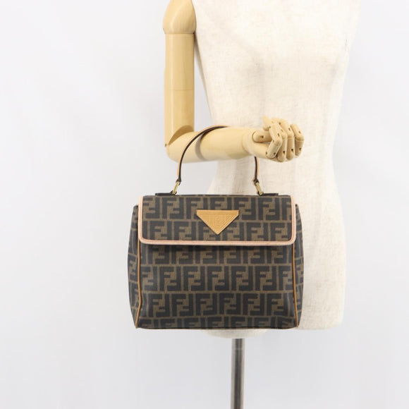 FENDI Zucca Canvas Hand Bag PVC Brown Black Auth 158200