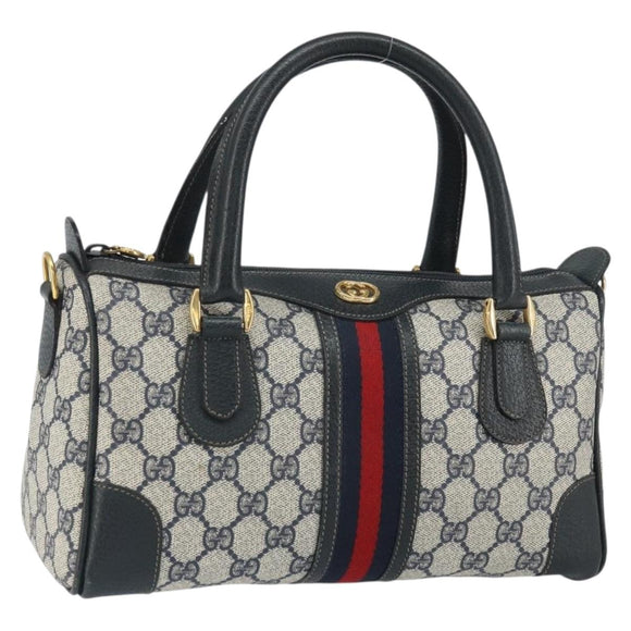 GUCCI GG Supreme Sherry Line Boston Bag PVC Navy Gold Auth 158204