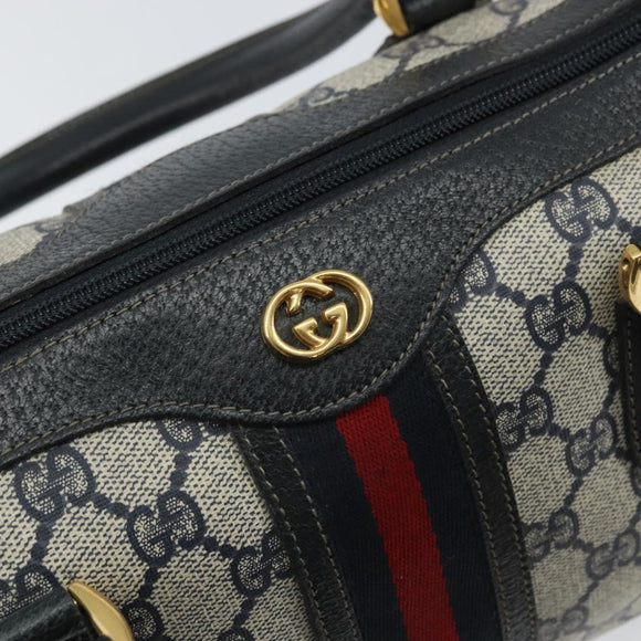 GUCCI GG Supreme Sherry Line Boston Bag PVC Navy Gold Auth 158204