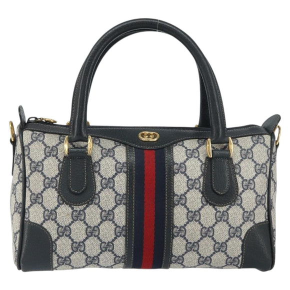 GUCCI GG Supreme Sherry Line Boston Bag PVC Navy Gold Auth 158204
