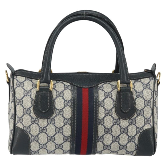 GUCCI GG Supreme Sherry Line Boston Bag PVC Navy Gold Auth 158204