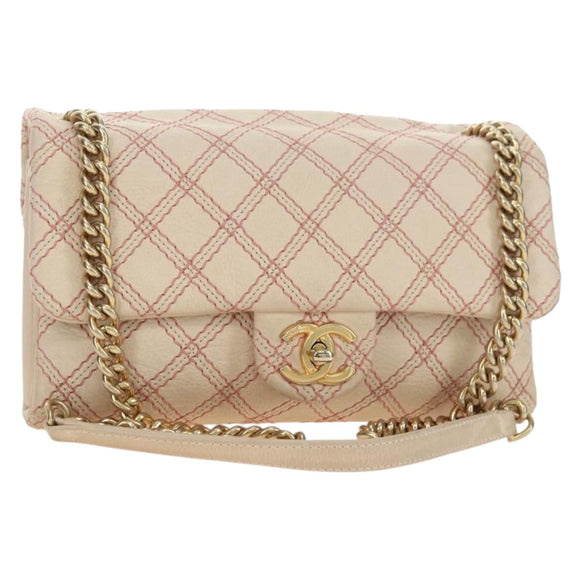 CHANEL Wild Stitch Chain Shoulder Bag Calf Skin Beige Gold CC Auth 158224SAV