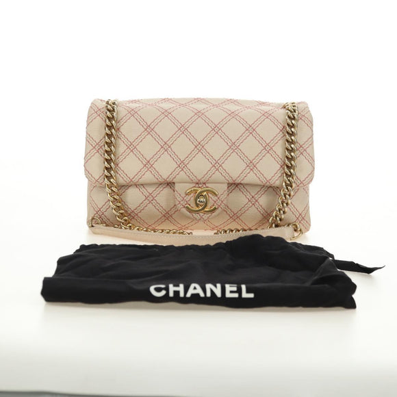 CHANEL Wild Stitch Chain Shoulder Bag Calf Skin Beige Gold CC Auth 158224SAV