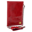 CHANEL Card Case Patent leather Red Silver CC Auth 158226A-1