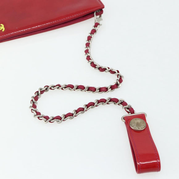 CHANEL Card Case Patent leather Red Silver CC Auth 158226A