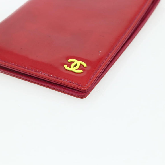 CHANEL Card Case Patent leather Red Silver CC Auth 158226A
