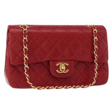 CHANEL Chain Double Flap Matelasse 23 Bag Lamb Skin Red Gold CC Auth 158356SAM