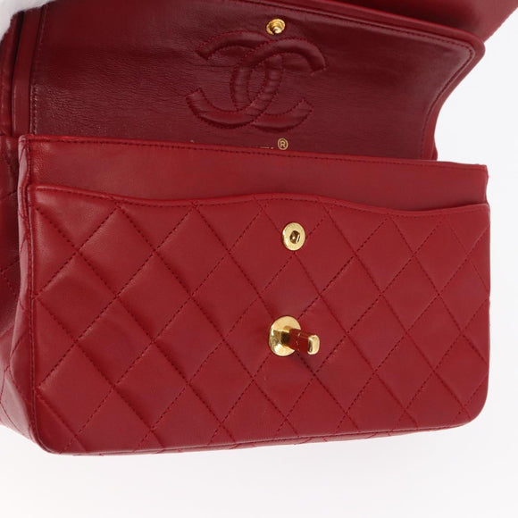 CHANEL Chain Double Flap Matelasse 23 Bag Lamb Skin Red Gold CC Auth 158356SAM