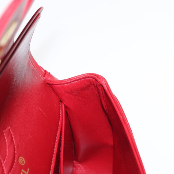 CHANEL Chain Double Flap Matelasse 23 Bag Lamb Skin Red Gold CC Auth 158356SAM