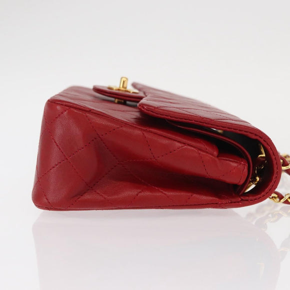 CHANEL Chain Double Flap Matelasse 23 Bag Lamb Skin Red Gold CC Auth 158356SAM