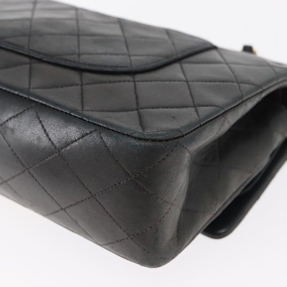 CHANEL Matelasse 25 Double Flap Chain Bag Lamb Skin Navy Gold CC Auth 158358SAV