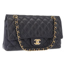 CHANEL Matelasse 25 Double Flap Chain Bag Caviar Skin Navy Gold CC Auth 158359SM-1