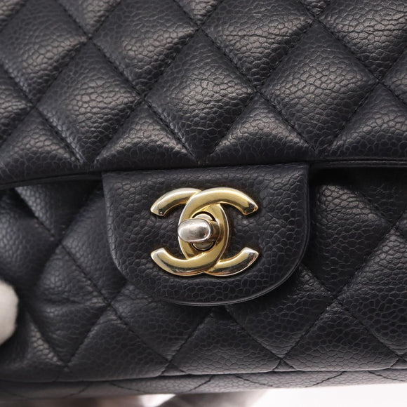 CHANEL Matelasse 25 Double Flap Chain Bag Caviar Skin Navy Gold CC Auth 158359SM