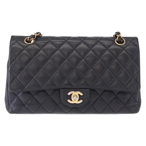 CHANEL Matelasse 25 Double Flap Chain Bag Caviar Skin Navy Gold CC Auth 158359SM