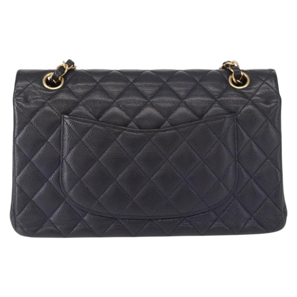 CHANEL Matelasse 25 Double Flap Chain Bag Caviar Skin Navy Gold CC Auth 158359SM