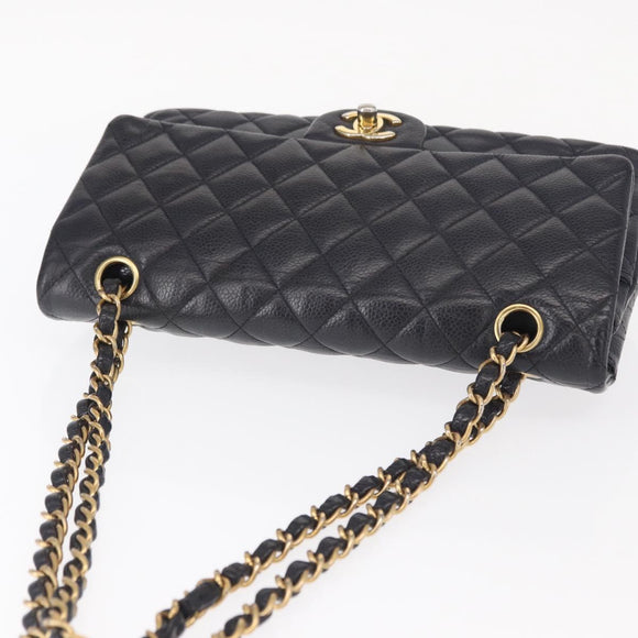 CHANEL Matelasse 25 Double Flap Chain Bag Caviar Skin Navy Gold CC Auth 158359SM