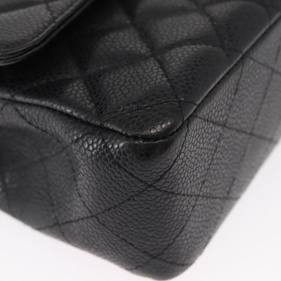 CHANEL Matelasse 25 Double Flap Chain Bag Caviar Skin Black CC Auth 158360SM