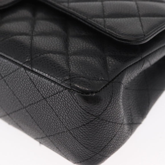 CHANEL Matelasse 25 Double Flap Chain Bag Caviar Skin Black CC Auth 158360SM