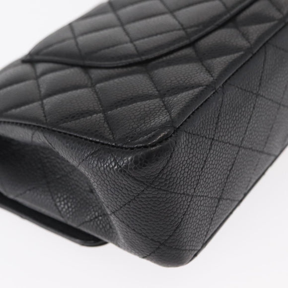CHANEL Matelasse 25 Double Flap Chain Bag Caviar Skin Black CC Auth 158360SM