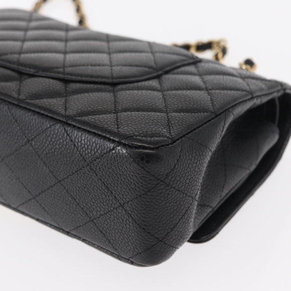 CHANEL Matelasse 25 Double Flap Chain Bag Caviar Skin Black CC Auth 158360SM