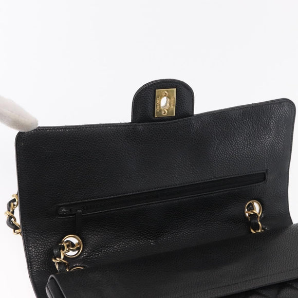 CHANEL Matelasse 25 Double Flap Chain Bag Caviar Skin Black CC Auth 158360SM