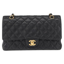 CHANEL Matelasse 25 Double Flap Chain Bag Caviar Skin Black CC Auth 158360SM-14