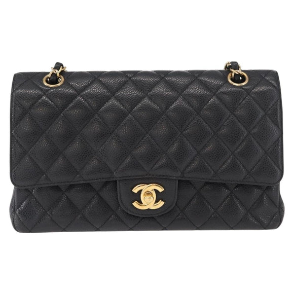 CHANEL Matelasse 25 Double Flap Chain Bag Caviar Skin Black CC Auth 158360SM