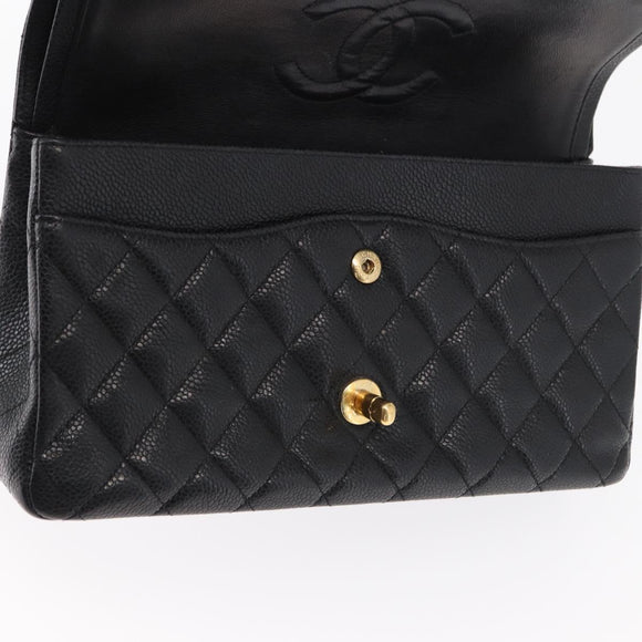 CHANEL Matelasse 25 Double Flap Chain Bag Caviar Skin Black CC Auth 158360SM