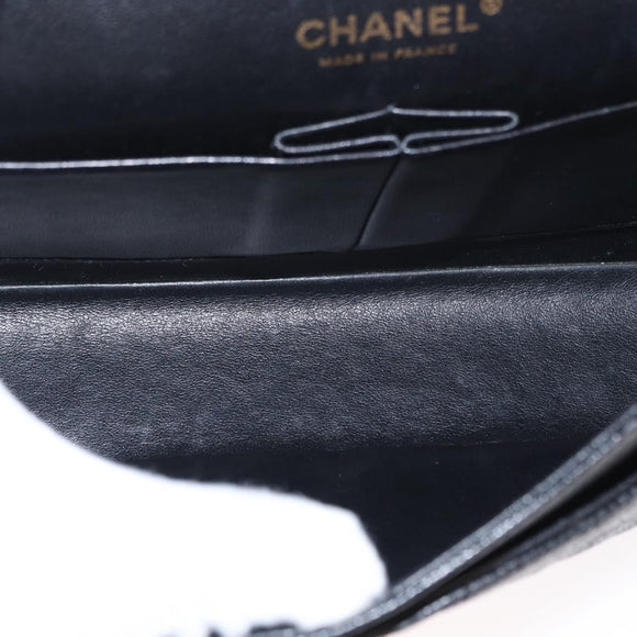 CHANEL Matelasse 25 Double Flap Chain Bag Caviar Skin Black CC Auth 158360SM