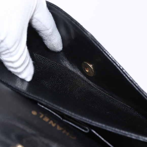 CHANEL Matelasse 25 Double Flap Chain Bag Caviar Skin Black CC Auth 158360SM