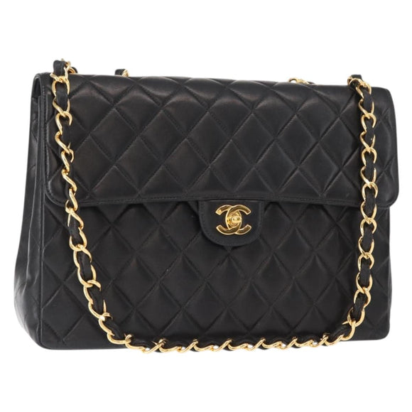 CHANEL Matelasse 30 Chain Shoulder Bag Lamb Skin Black Gold CC Auth 158361SAM