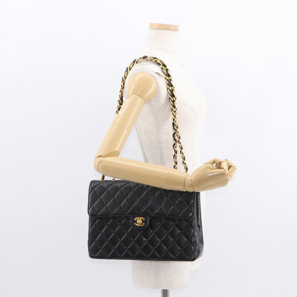 CHANEL Matelasse 30 Chain Shoulder Bag Lamb Skin Black Gold CC Auth 158361SAM