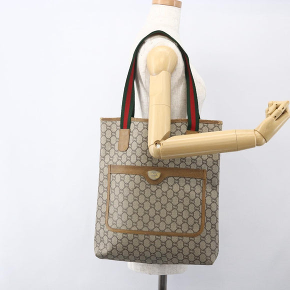GUCCI GG Plus Supreme Web Sherry Line Tote Bag PVC Beige Gold Auth 158364