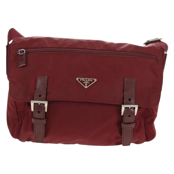 PRADA Shoulder Bag Nylon Bordeaux Silver Auth 158366