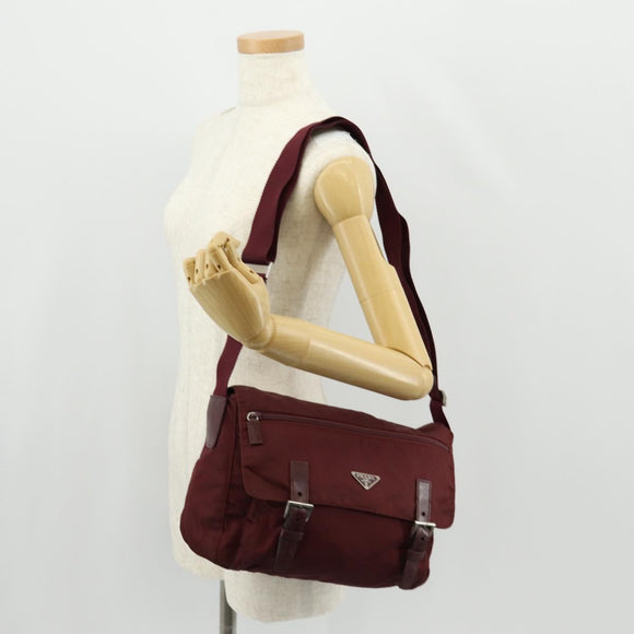 PRADA Shoulder Bag Nylon Bordeaux Silver Auth 158366