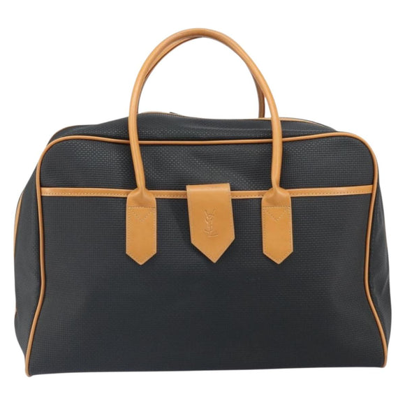 SAINT LAURENT Boston Bag PVC Canvas Black Brown gold Auth 158370
