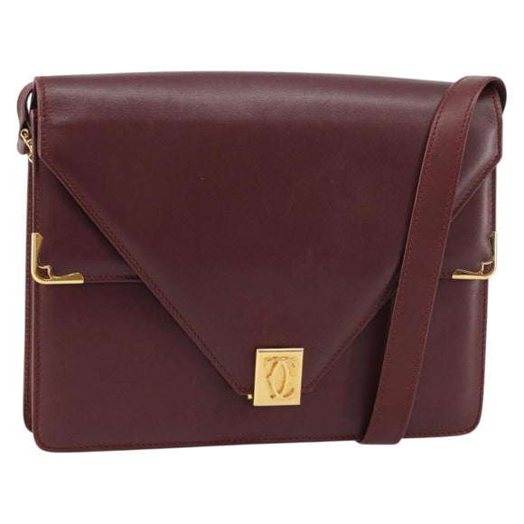 CARTIER Must Line Shoulder Bag Leather Bordeaux Gold Auth 158372