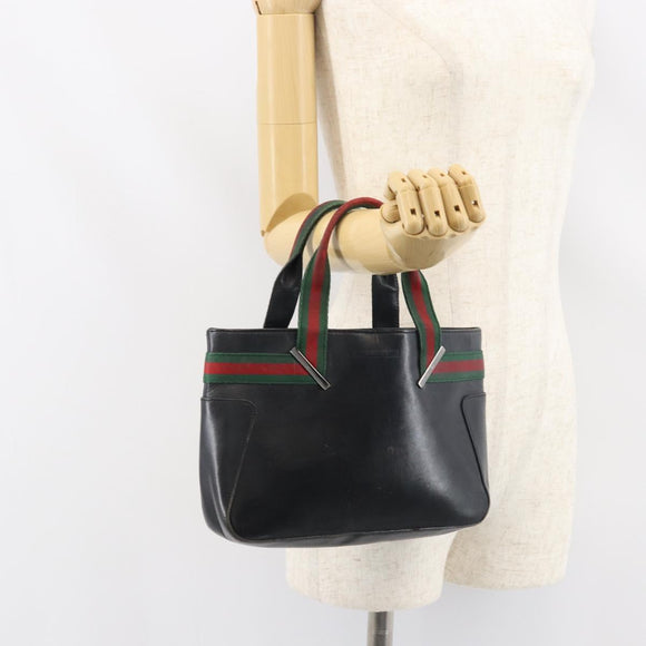 GUCCI Web Sherry Line Hand Bag Leather Black Silver 73984 Auth 158386