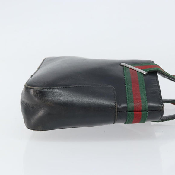 GUCCI Web Sherry Line Hand Bag Leather Black Silver 73984 Auth 158386