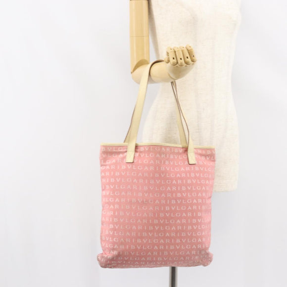 BVLGARI Logo Mania Tote Bag Canvas Pink Silver Auth 158388