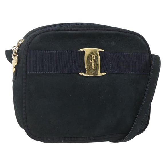 Salvatore Ferragamo Shoulder Bag Suede Navy Gold Auth 158402