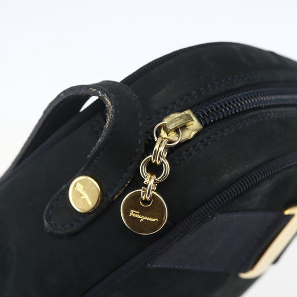 Salvatore Ferragamo Shoulder Bag Suede Navy Gold Auth 158402