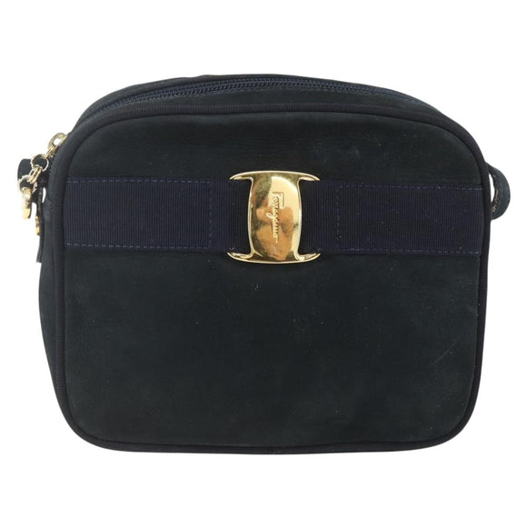 Salvatore Ferragamo Shoulder Bag Suede Navy Gold Auth 158402