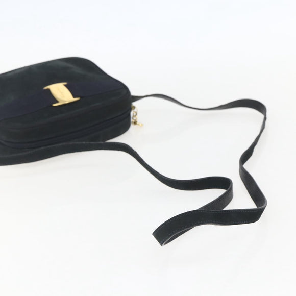Salvatore Ferragamo Shoulder Bag Suede Navy Gold Auth 158402