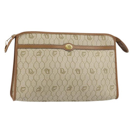 Christian Dior Honeycomb Canvas Clutch Bag PVC Beige Gold Auth 158403