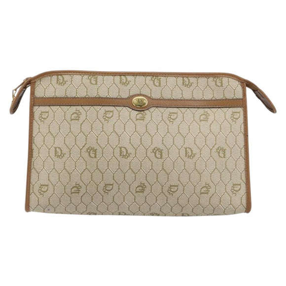 Christian Dior Honeycomb Canvas Clutch Bag PVC Beige Gold Auth 158403