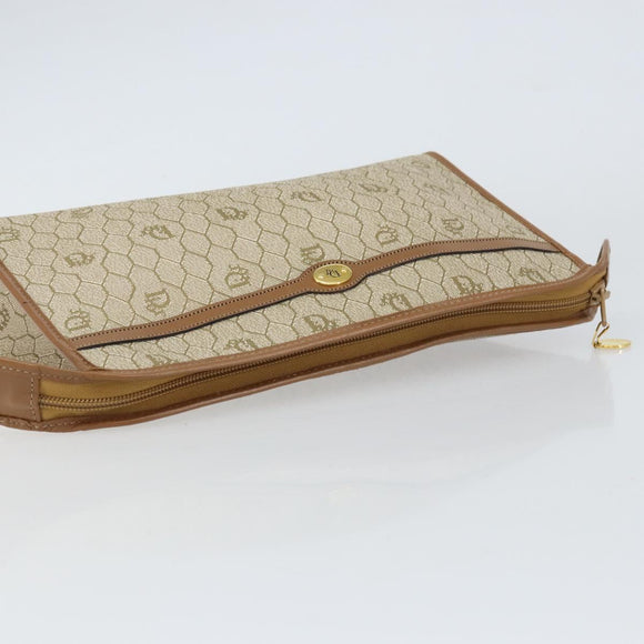 Christian Dior Honeycomb Canvas Clutch Bag PVC Beige Gold Auth 158403